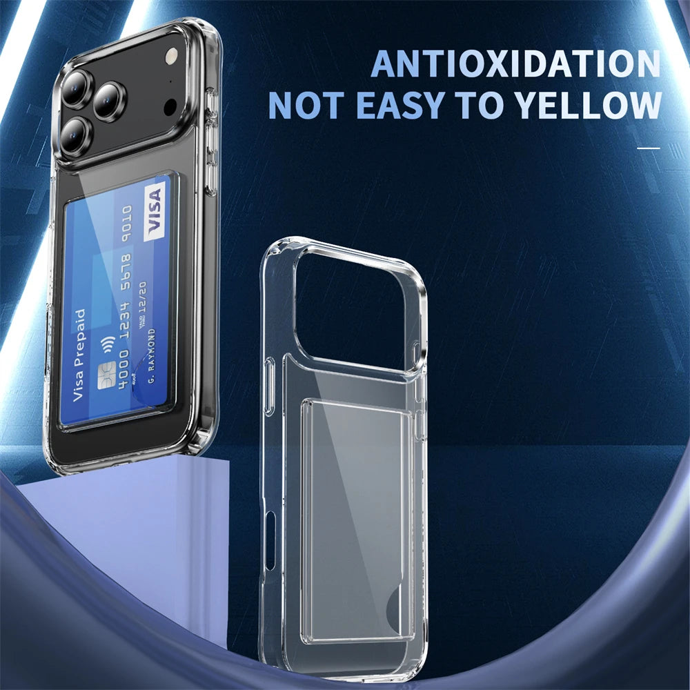 Luxury Transparent Wallet Card Slots Holder Phone Case For iPhone 17 16 15 14 Pro Max 13 12 11 XR X Plus HD Acrylic Clear Cover