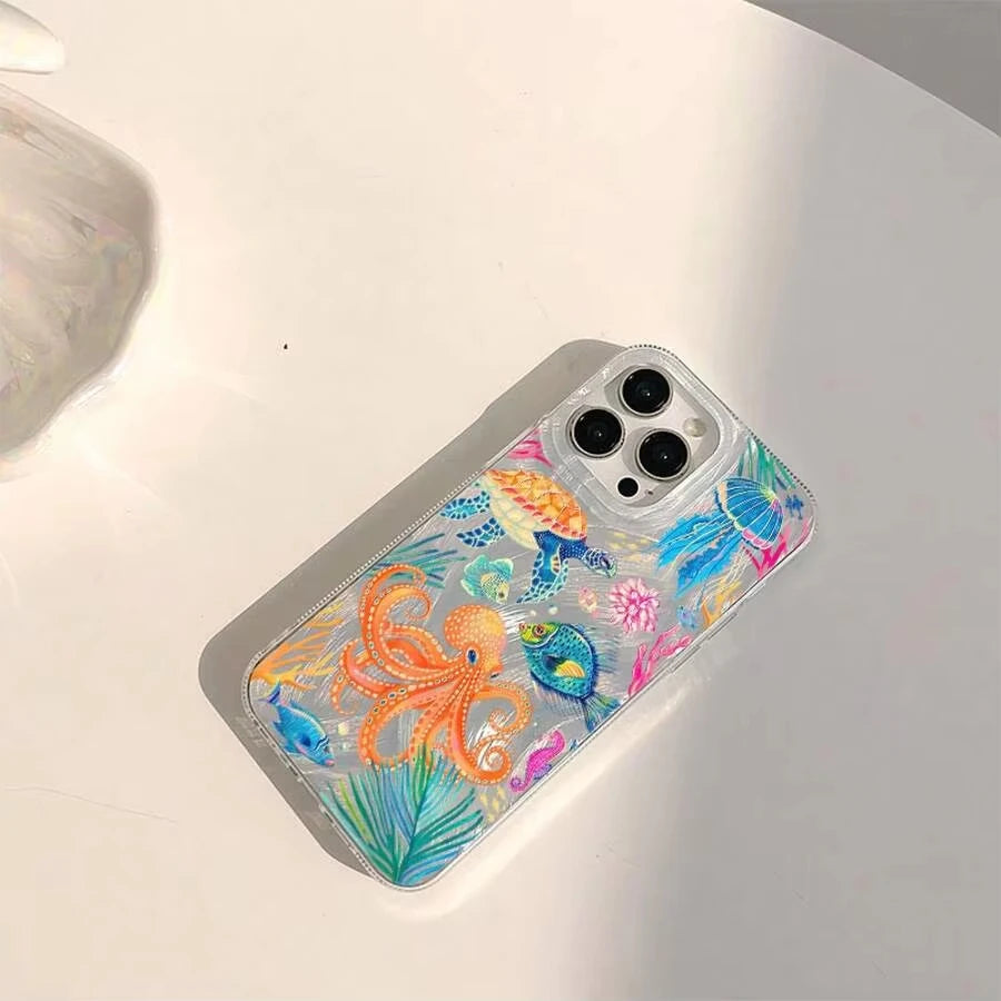 Marine Animals Illustration Phone Case for iPhone 11 13 14 15 16 17 Pro Max 7 8 14 15 Plus X XS XR 16e Air Feather Texture Cover