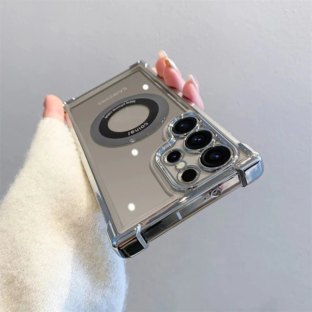 For Magsafe Plating Clear Phone Cases For Samsung Galaxy S26 S25 S24 Ultra S23 Plus Magnetic Corners Airbags Shockproof Cover