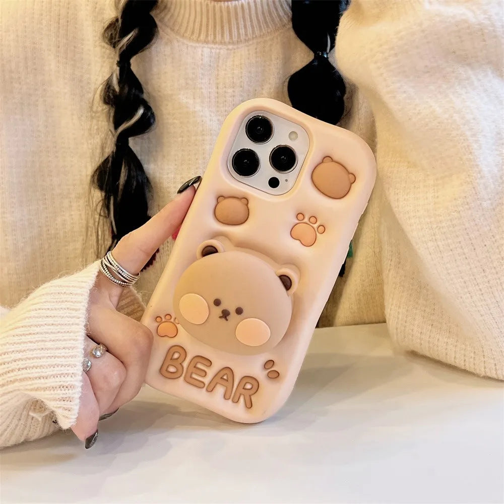 Cartoon Bear Phone Cases For iPhone 16 Plus 15 14 13 12 11 Pro Max X XR XS Max 6 7 8 Plus SE Soft Silicone Cover With Holder
