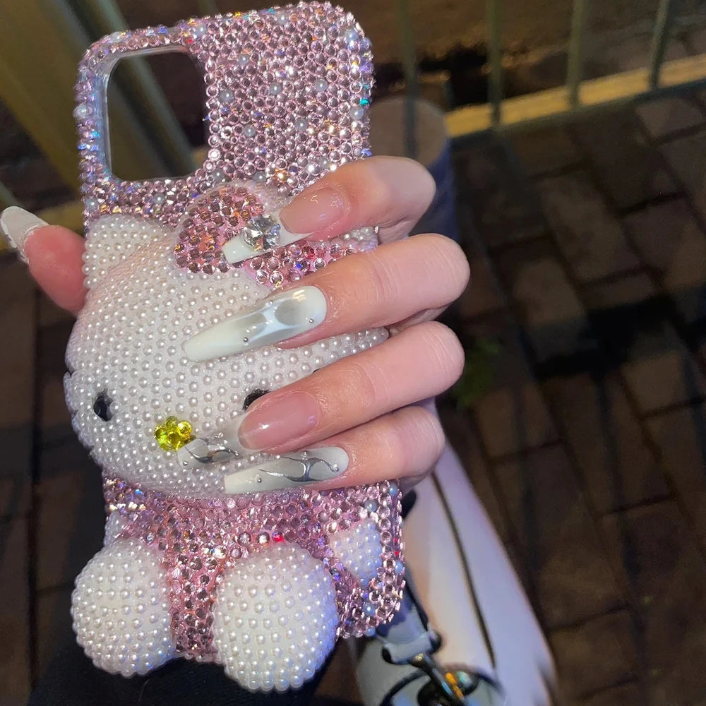 Hello Kitty Rhinestone Bling Crystal Phone Case Chain For iPhone17 16 15 14 13 12 11Pro Max X Xs XR 7 8 Plus Transparent Bumper