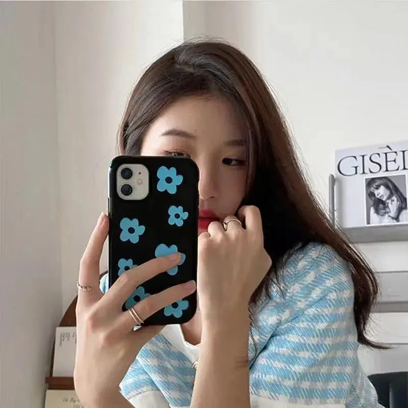 INS Fashion Blue Flower Phone Case For IPhone 17 16 Pro 15 14 13 12 11Promax XS XR 78Plus Fashion Anti Fall Minimalist Cover Y2k
