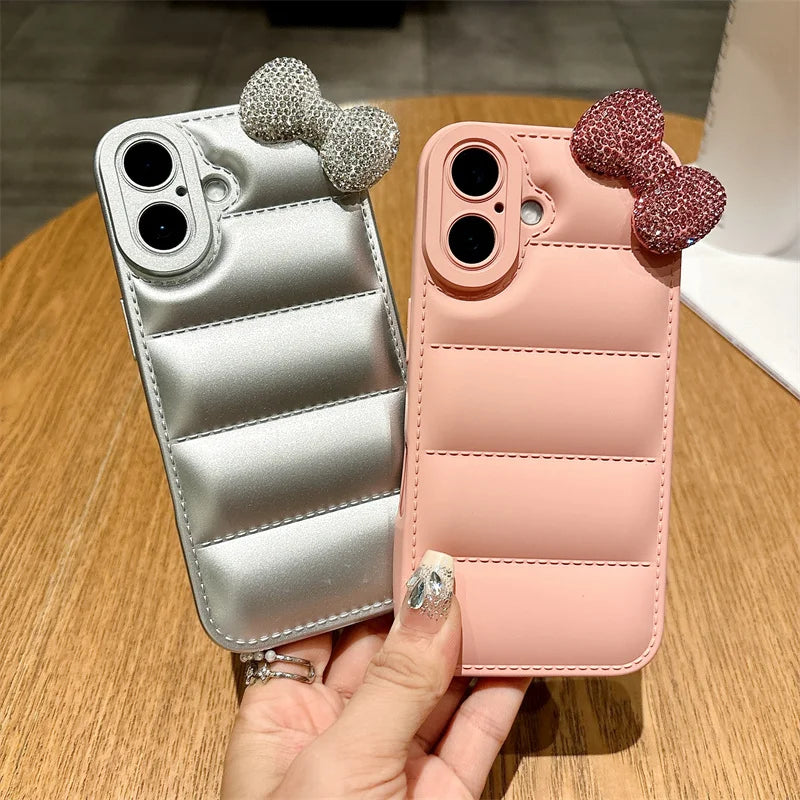 Soft Down Jacket Puffer Phone Case for iPhone X XS SE 7 8 16 15 14 13 12 11 Pro Max XR Plus Luxury Diamond Kitty Bowknot Cover