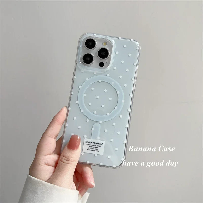 Ins Light Blue White Wave Dot Label Advanced Fresh For Magsafe Phone Case For iPhone 11 12 13 14 15 16 E 17 Pro Max Plus Cover