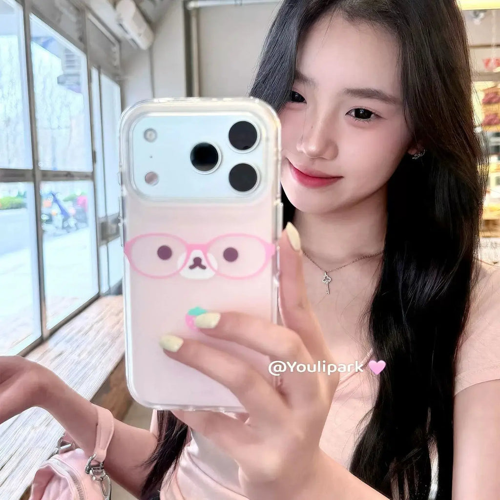 Ins Korean Soft Cute Cream Powder Strawberry Glasses Bear Phone Case For IPhone 17 Air 16 15 14 13 12 11 Pro Max Plus Y2K Cover