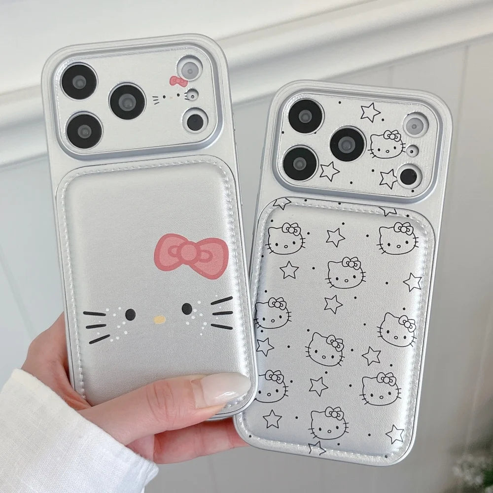 Luxury Cute Silver KT Cat Leather Case Phone Case For iPhone 17 Pro Max 16 Pro 15 14 Pro Max Case Shockproof Protective Cover