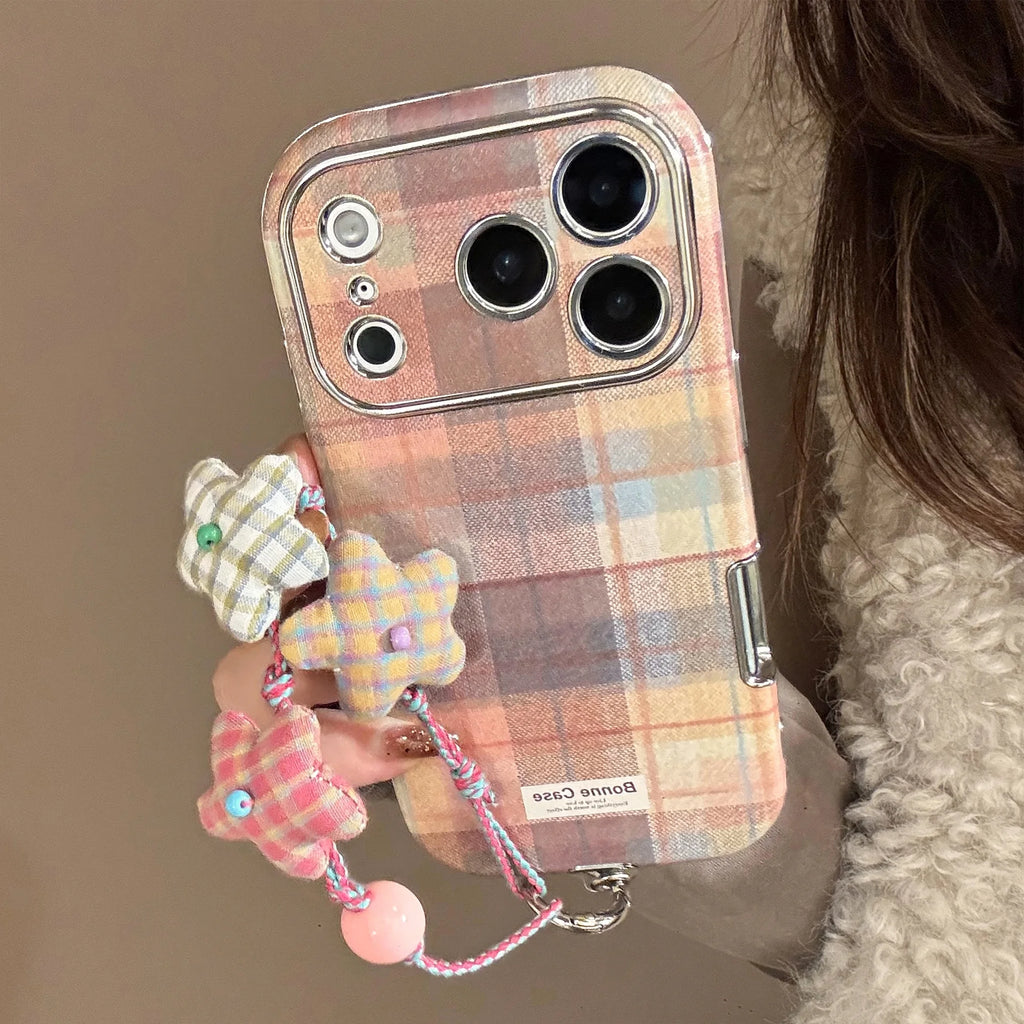 Korean Grid Pattern Cloth Texture Plating Phone Case With Stars Strap For iPhone 17 16 15 14 13 12 11 Pro Max Shockproof Cover