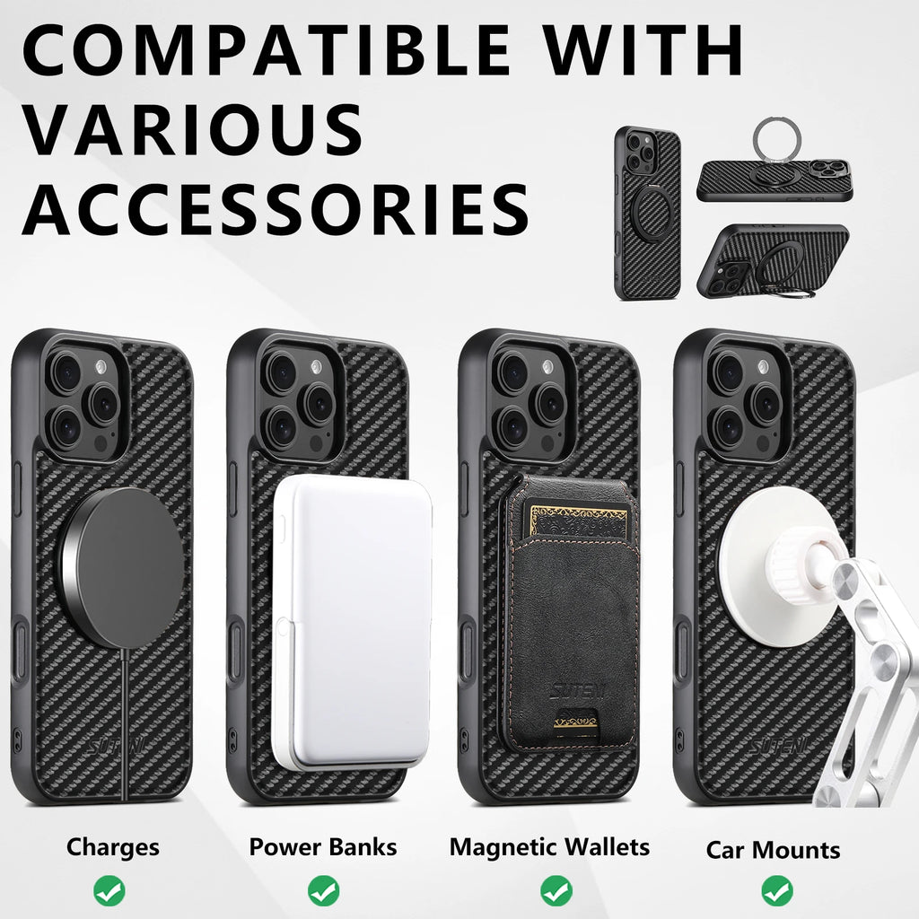 Magnet Wireless Charging Mobile Phone Case 360° Rotating Stand Faux Leather Ring Buckle For iPhone 17 Pro Max 16 Plus 15 14 13
