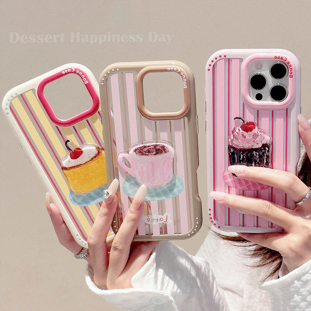 Korean Striped 3D Cartoon Dessert Cake Phone Case for iPhone 17 16 15 14 13 12 11 Pro Max XS XR Acrylic Shockproof Hard Cover
