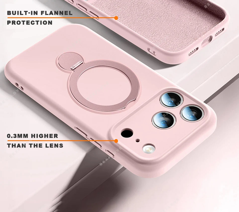 For Magsafe Liquid Silicone Phone Case For iPhone 17 Pro Max Air 15 14 Plus 11 13 12 16 Pro Magnetic Ring Stand Protection Cover