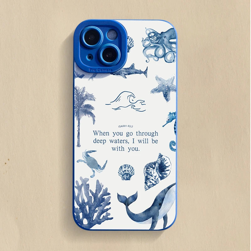 For iPhone 17 16 15 14 13 12 11 Pro Max XS XR 8 7 Plus 16e 17e Air Sea Turtles Sharks Whales Ocean Life Design Phone Case Cover