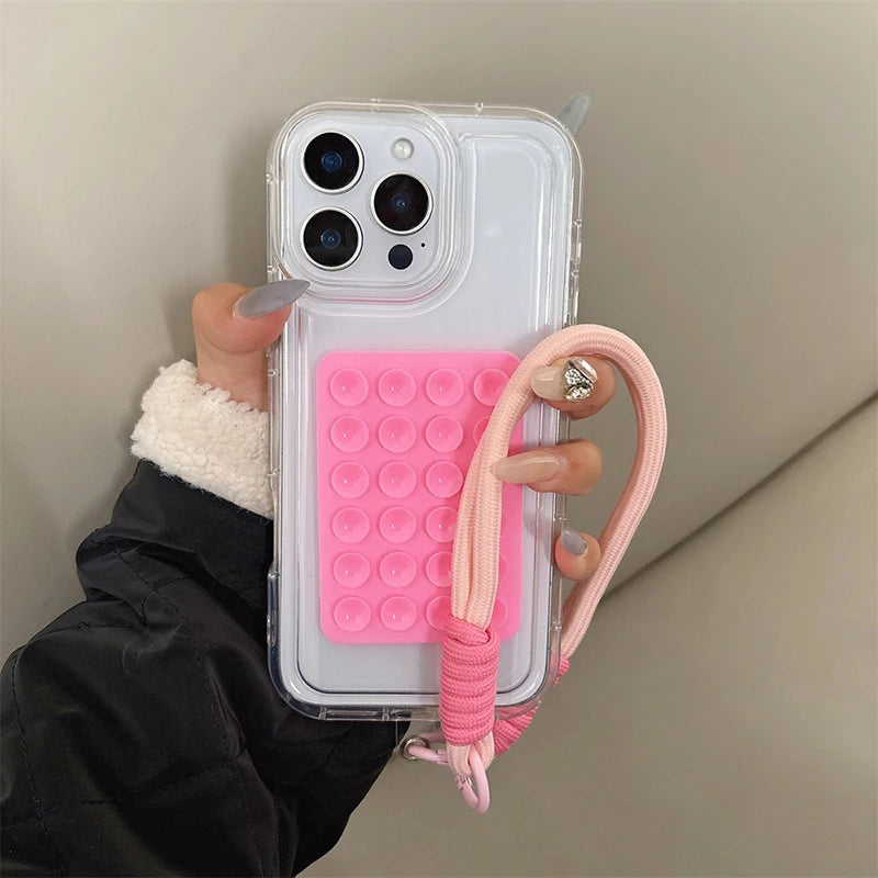 Suction Cup Airbag With Lanyard Phone Case For iPhone 17 16 15 14 13 12 11 Pro Max XR X XS 7 8 Plus Mini Clear Shockproof Cover