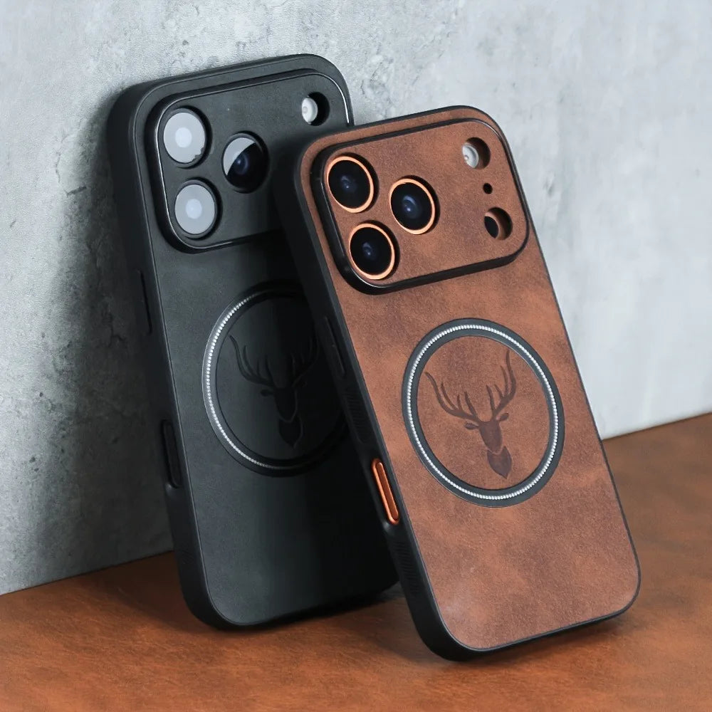 Magnetic Deer Head Pattern Leather Phone Case For iPhone 17 16 15 14 13 12 Pro Max Plus 17Pro Air For Magsafe Shockproof Cover