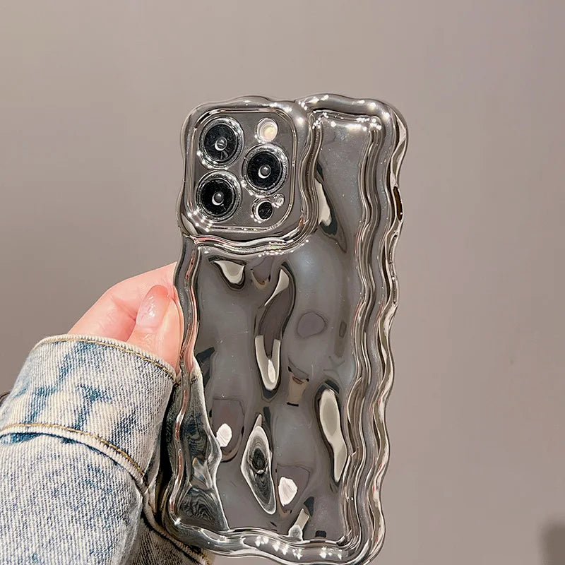 Electroplated Wave Bumper Meteorite Texture Glossy Back Cover Case For iPhone 16 17 Pro Max Air 15 14 13 Soft TPU Phone Shell