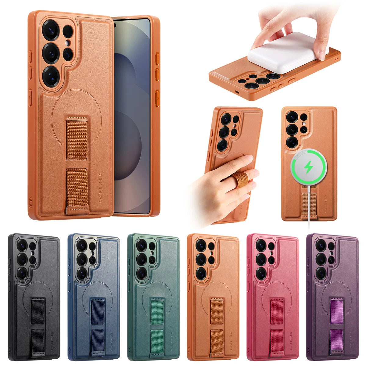 For Magsafe Magnetic Wrist Strap Phone Case for Samsung Galaxy S25 Edge S25 Ultra S26 Plus Leather ShockProof Protective Cover