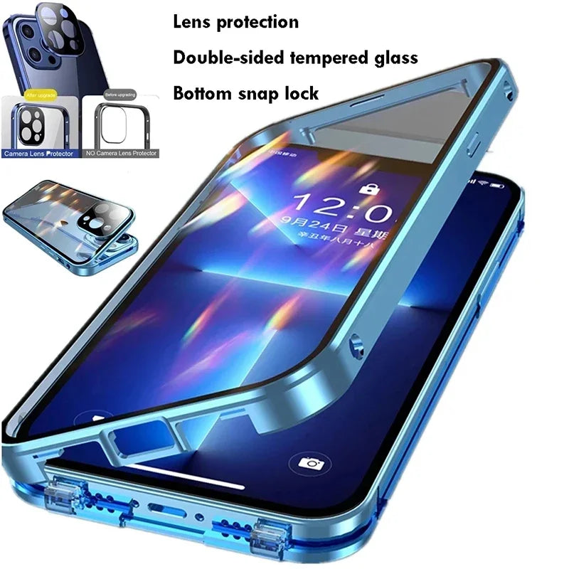 360°Full Protected Metal Magnetic Double-Sided Glass Snap Lock Phone Case For iPhone 16 Pro Max 14 13 12 15 Pro Max Bumper Cover