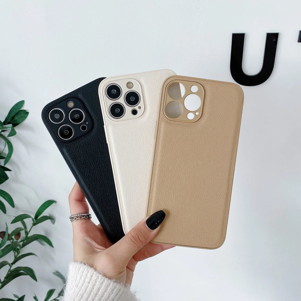 Luxury Lychee PU Leather Texture Solid Color Case For iPhone 17 Air 16 E 15 14 Plus 13 12 Mini Pro Max Shockproof Bumper Cover