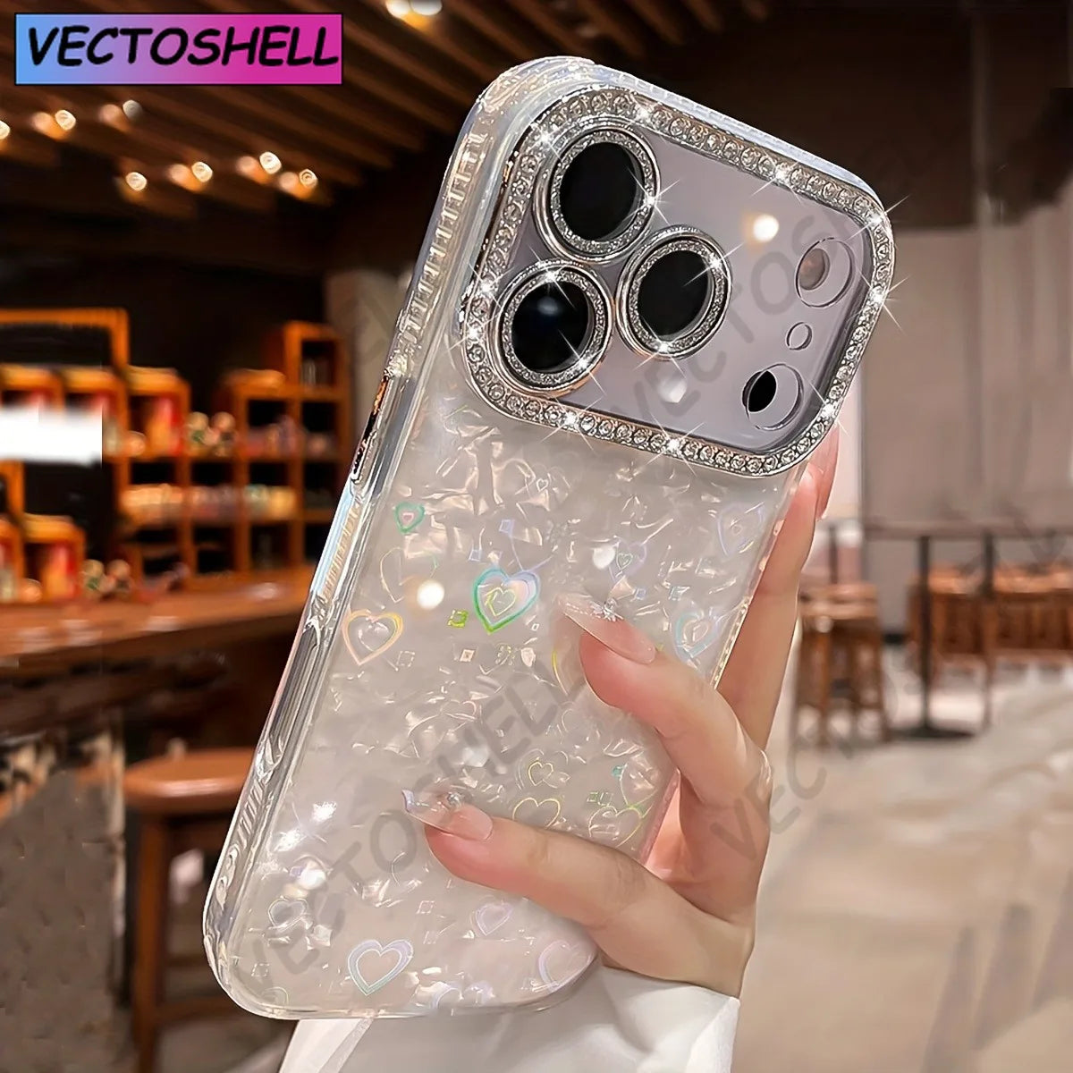 Elegant Glitter Crystal Love Laser shell pattern Phone Case For iphone 17 Air 16 15 14 Plus 13 12 Pro Max Soft Lens film Cover