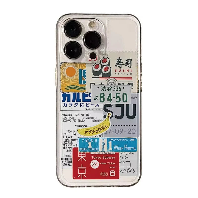 Retro Collage Japanese Style Ticket Sushi Phone Case for iPhone 17 Air 16 15 14 11 Pro Max Plus 13 12 Mini 8 7 Xs XR Soft Cover