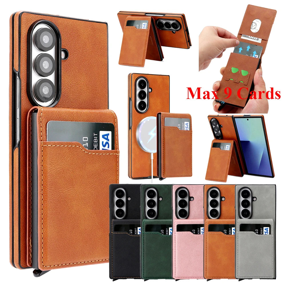 2 in 1 Wireless Charging Leather Case For Samsung Galaxy Z Fold 7 6 5 4 3 Fold7 Magnetic Card Slots Cards Holder Phone Cover