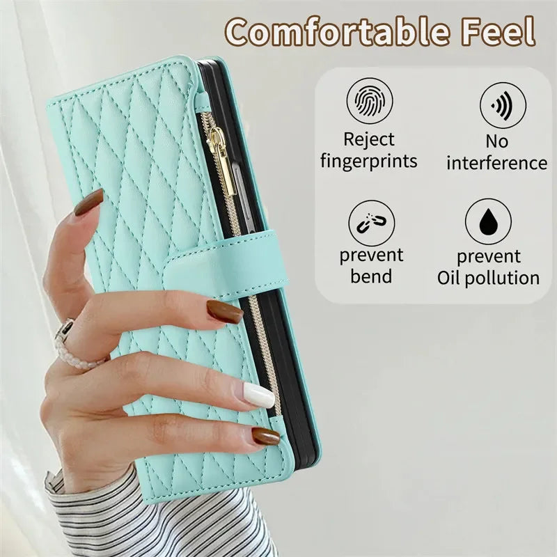 Zipper Wallet Flip Leather Phone Case For Samsung Galaxy Z Fold 7 6 5 4 S26 Ultra S25 FE S24 Plus S23 S22 S21 Multi Card Cover