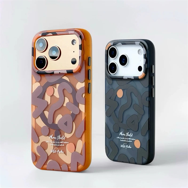 For MagSafe Geometric Graffiti Phone Case for iPhone 17 16 15 14 13 Pro Max Air Magnetic Wireless Charging Hard Shockproof Cover