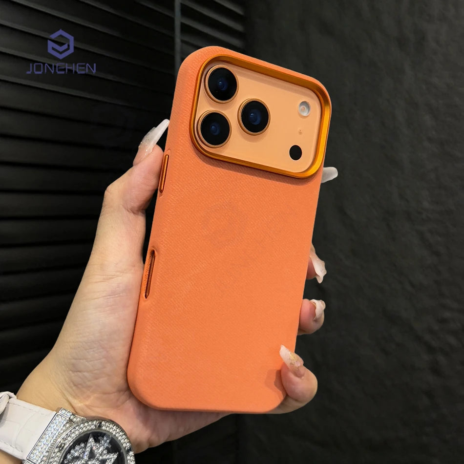 Luxury Alloy Len Frame Fiber Leather Magnetic Case For iPhone 17 16 Pro Max 15 14 13 12 For Magsafe Retro Shockproof Cover Funda