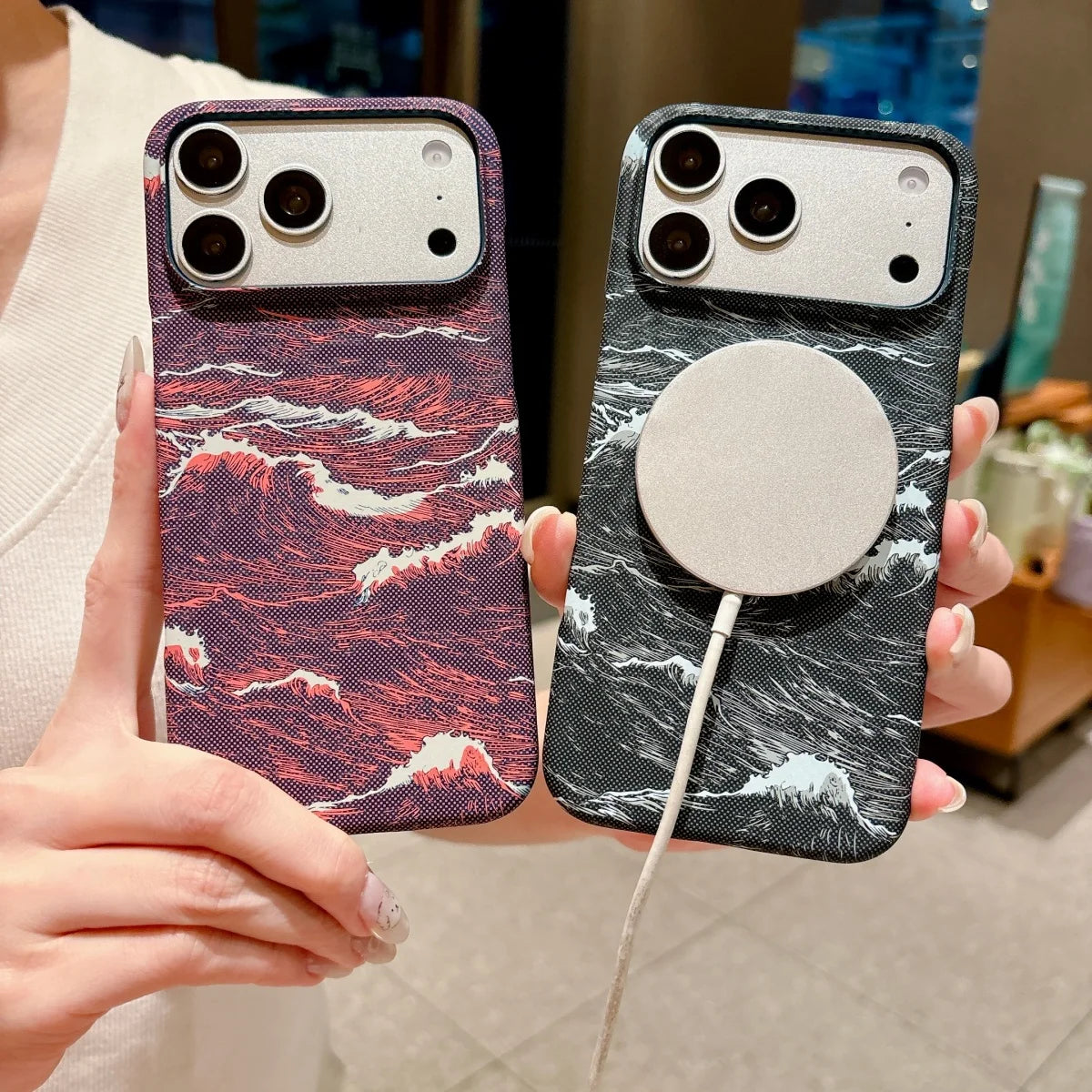 Slim Carbon Fiber Sea Wave Tide Texture Frameless Case For iPhone 17 Air 16 15 14 13 Pro Max For Magsafe Magnetic Charge Cover
