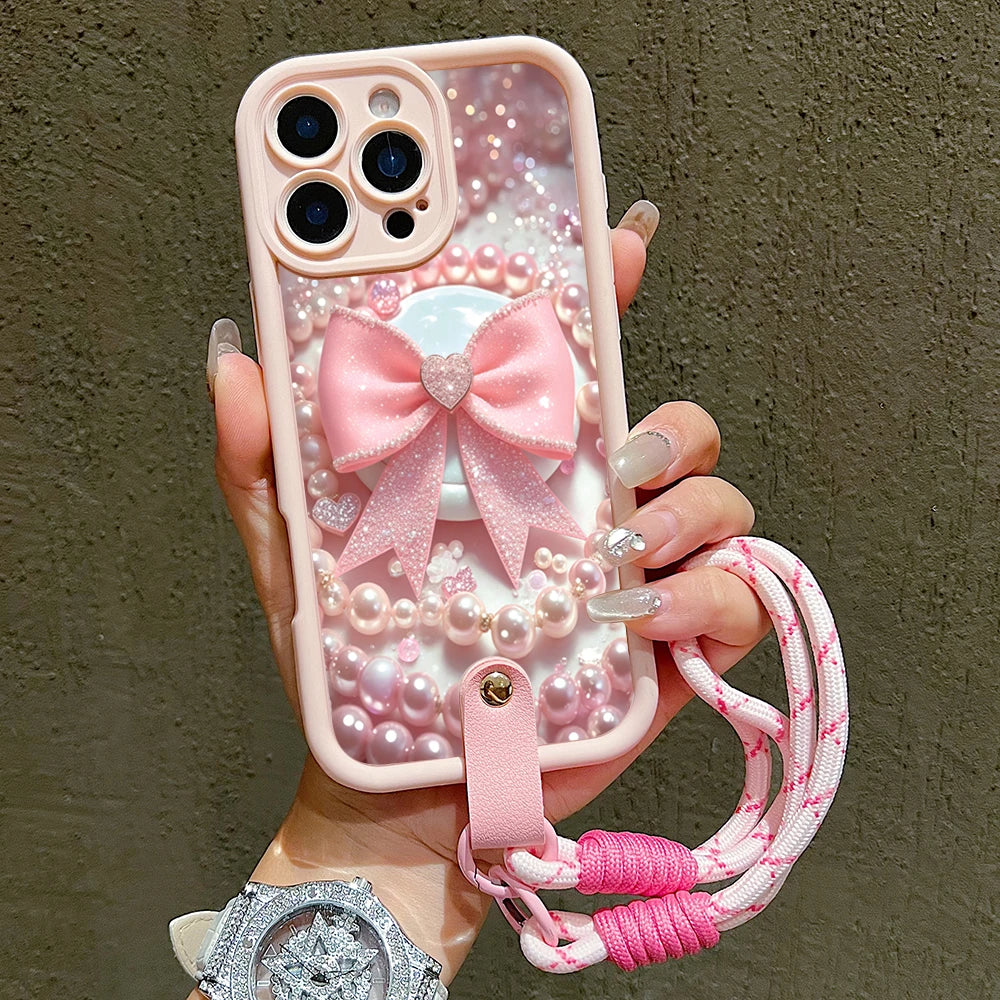 Pink Bow With Pearl Pattern Hand Strap Lanyard Phone Case For iPhone 11 12 13 14 15 16 17 Pro Max Plus 17Air XS X XR 16E Cover