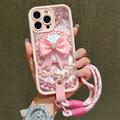 Pink Bow With Pearl Pattern Hand Strap Lanyard Phone Case For iPhone 11 12 13 14 15 16 17 Pro Max Plus 17Air XS X XR 16E Cover
