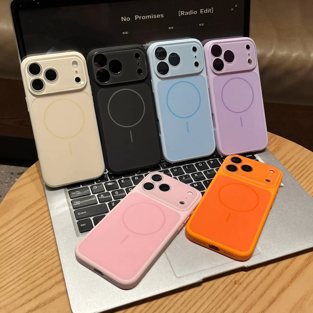 Fashion Liquid Silicone For Magsafe Magnetic Phone Case For iPhone 17 16 15 14 13 Pro Max Large Window Lens Glass Protect Cover