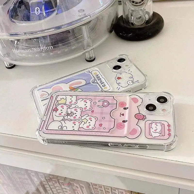 Cartoon Cute Rabbit Bear Card Holder Slot Bag Clear Phone Case For IPhone 17 Air 16 15 14 12 11 Pro Max 13 Mini Plus Soft Cover
