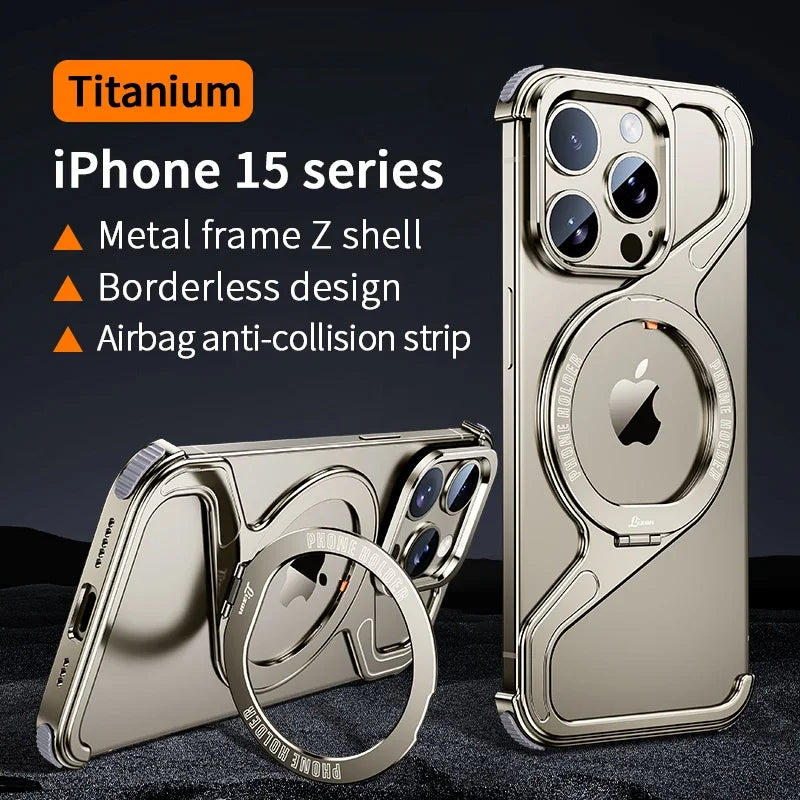 Z-shaped Frameless Magnetic Metal Snap on Phone Case, For iPhone 13 14 15 16 Pro Max Phone Protection Cover With Rotating Ring