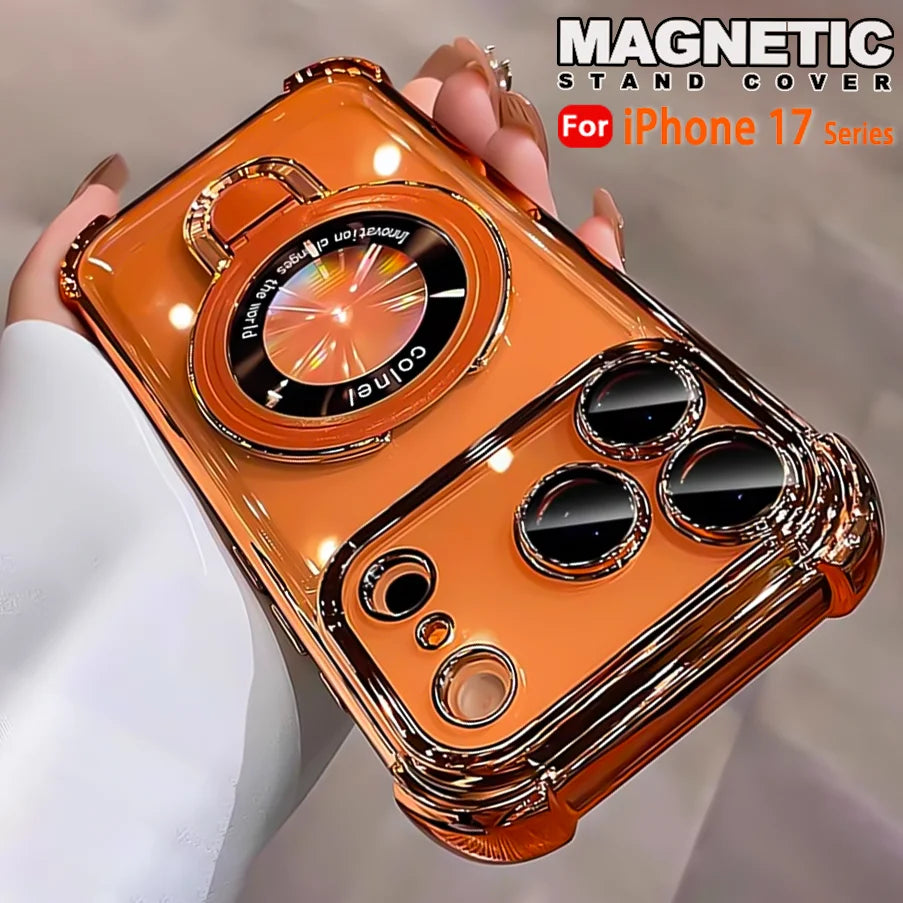 Luxury Plating Transparent Phone Case For iPhone 17 Pro Max 14 15 Plus Air 11 12 13 16 Pro For Magsafe Magnetic Ring Stand Cover