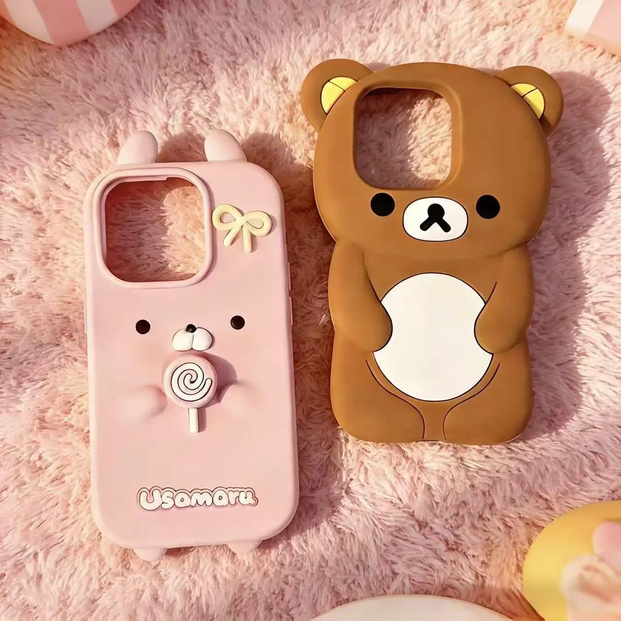 For iPhone 17 16 15 14 13 12 11 Pro Max XR 5 6 7 8 Plus 17promax Cartoon 3D Pink Rabbit Bear Rilakkuma Phone Case Silicone Cover
