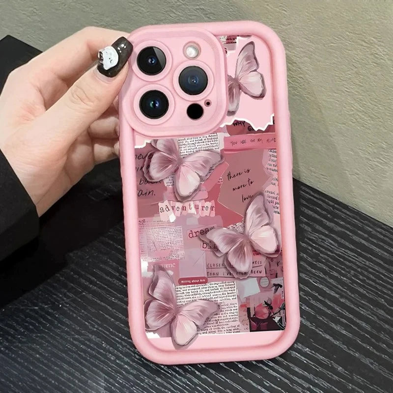 Pink Cute Butterfly Silicone Soft Phone Case For iPhone 17 16PRO 15 14 13 12 11PROMAX Shockproof Candy Cover