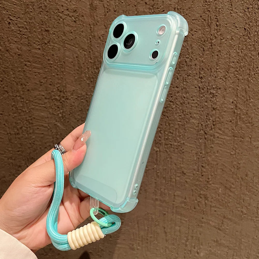Luxury Matte Transparent Shockproof Protective Phone Case For iPhone 17 16 15 14 13 12 11 Pro Max Hand Wrist Strap Lanyard Cover