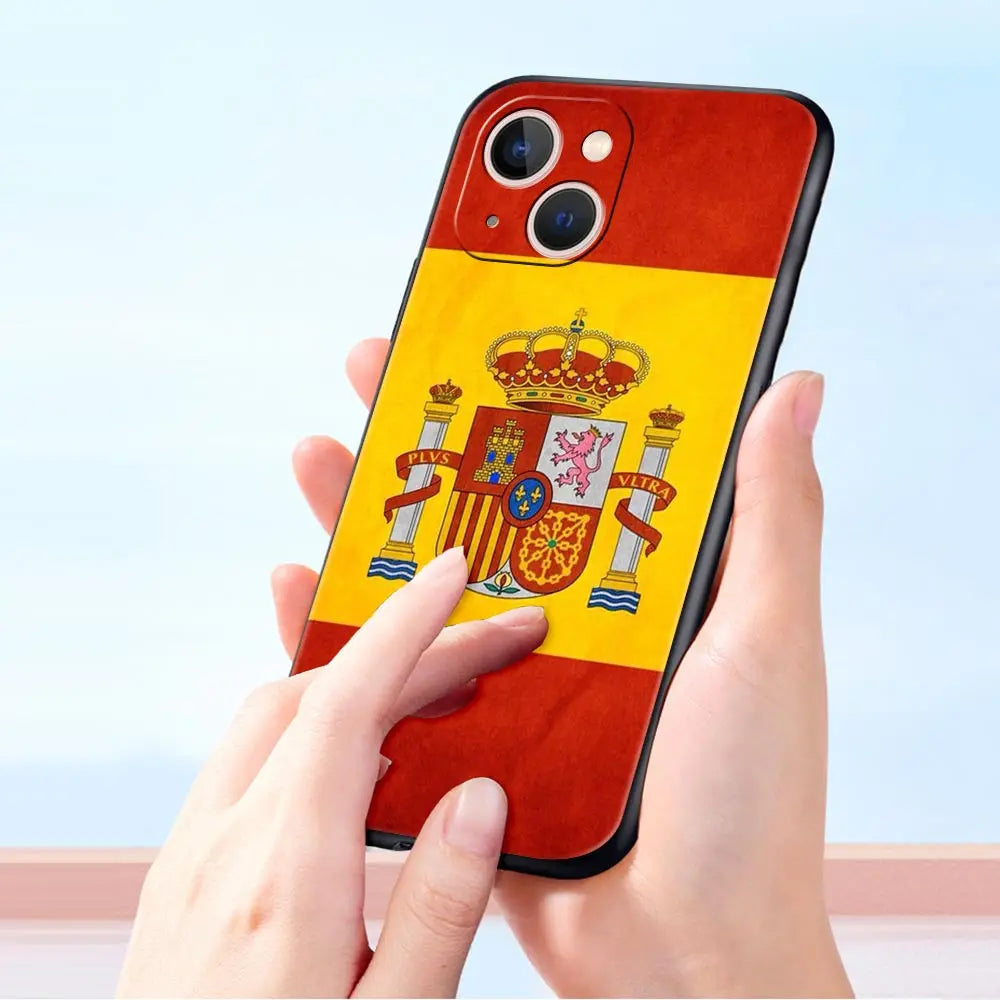 spain flag Luxury Phone Case For iPhone 13 15 14 12 Mini 11 Pro MAX XR X SE XS 7 8 Plus Silicone Black Protection Cover