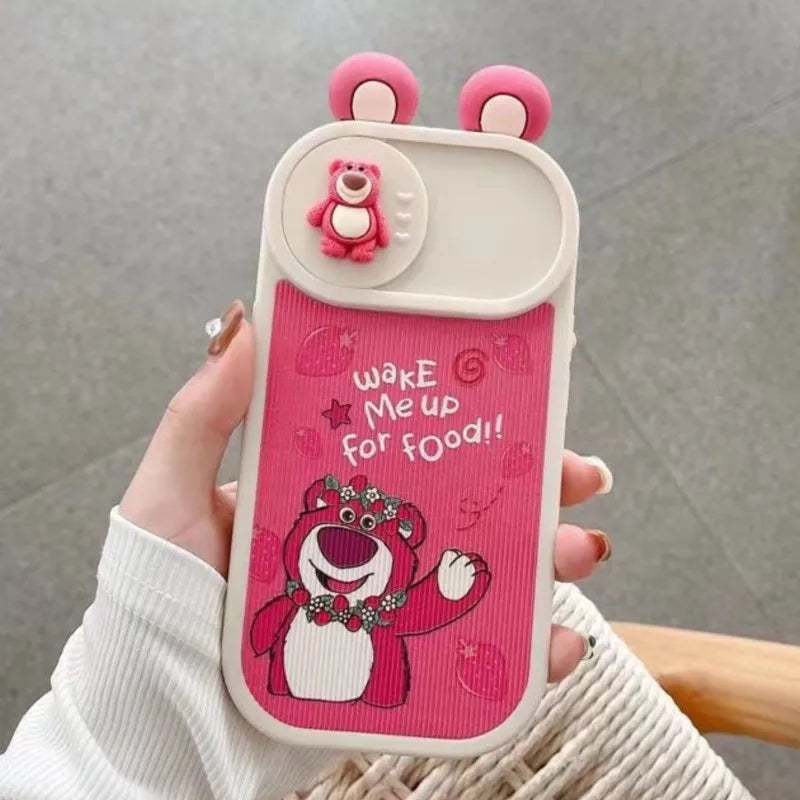 Disney 3D Lotso Bear Slide Camera Cover Phone Case for iPhone 16 15 14 13 12 11 Pro Max Cute Pink Anti-scratch Protective Cover
