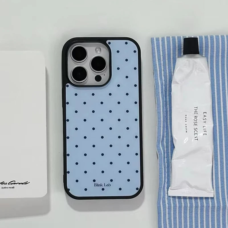 Korean Ins Trendy Blue Groud Black Polka Dots Phone Case For iPhone 17 AIR 16 15 14 13 12 11 Pro Max XR XSMAX 7 8 PLUS Y2K Cover