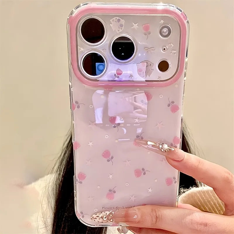 Cute Pink Rose Flowers Stars Pattern Phone Case For iPhone 17 16 Pro 15 14 13 12 11 Pro Max Shockproof Protection Back Cover