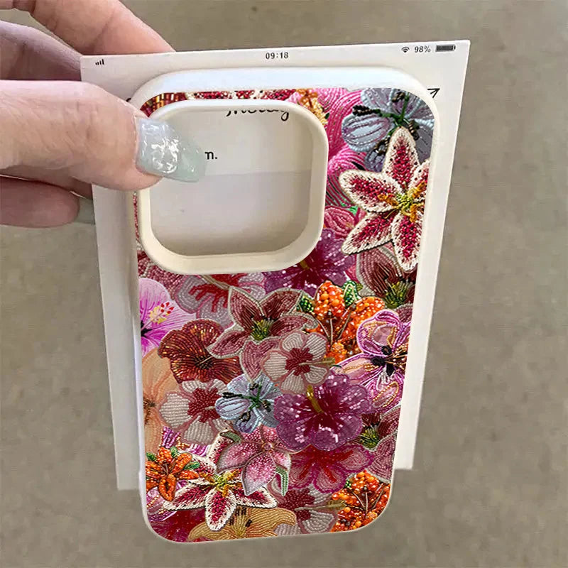 Luxurious Beaded Flower Lychee Texture Phone Case For iPhone 17 16 15 14 13 12 11 Pro Max 14 15 Plus 17Air Silicone Soft Cover