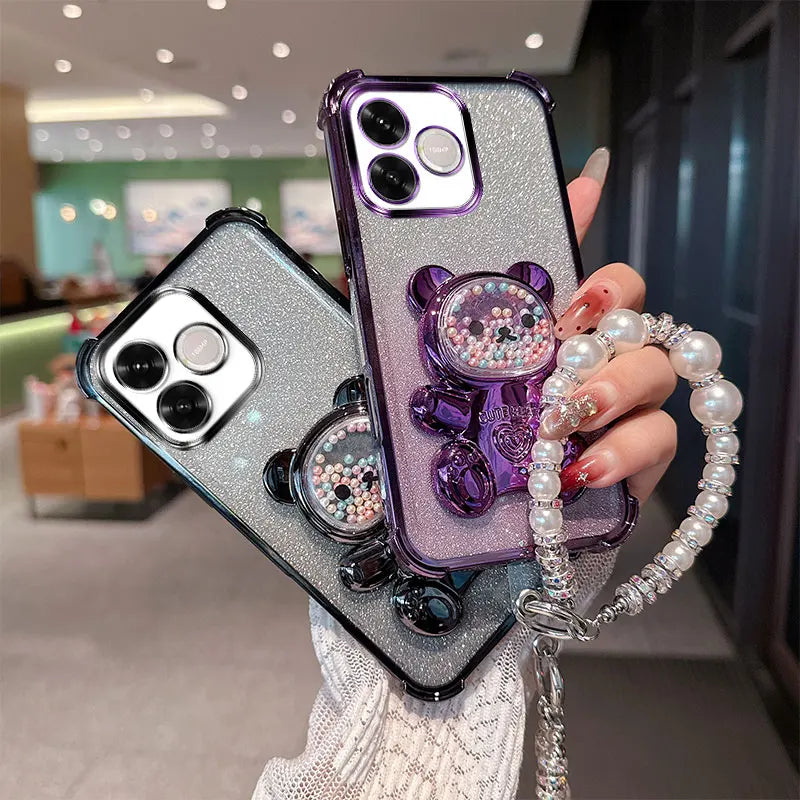 Cute Bear Cartoon Holder Pearl Lanyard Strap Shockproof Glitter Phone Case For Huawei Honor 600 Lite 600e 600lite 5G Back Cover