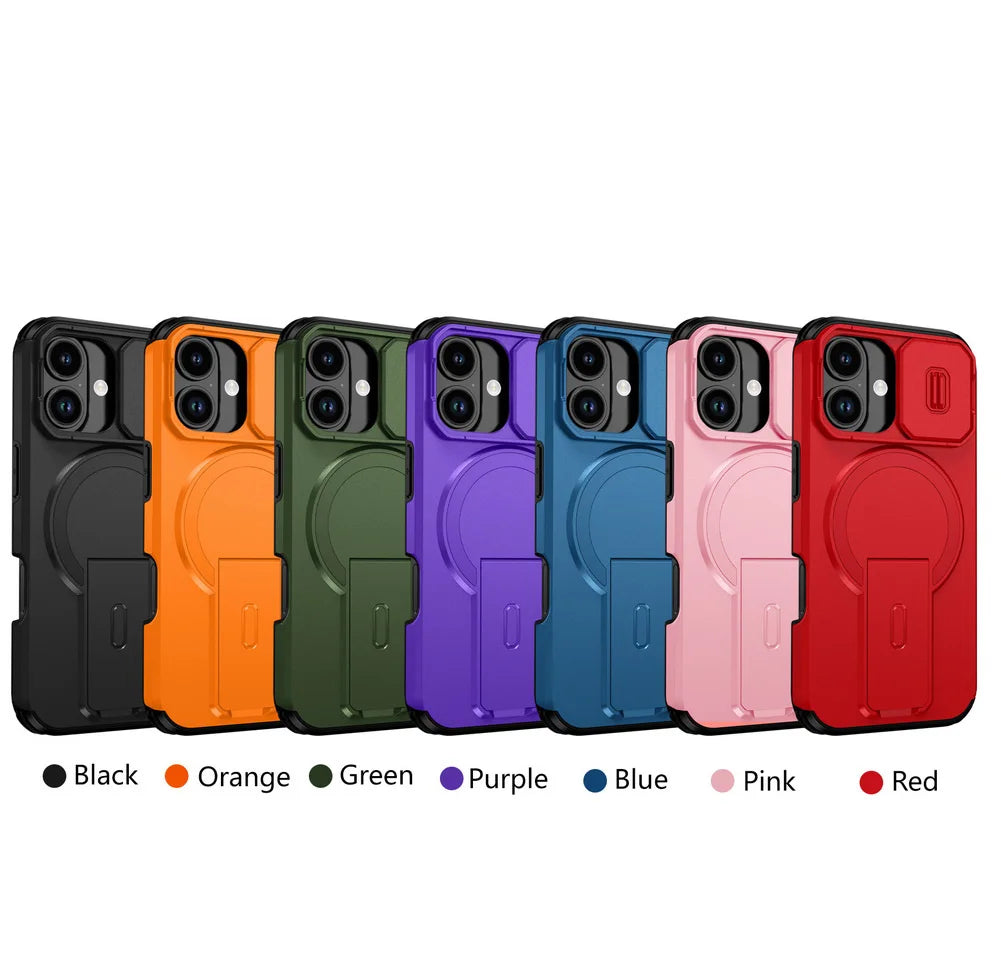 Magnetic Kickstand Heavy Duty Case For iPhone 17e 17 16e 16 Pro Max 15 + 14 13 12 11 pro Sliding Camera Lens Protector Cover