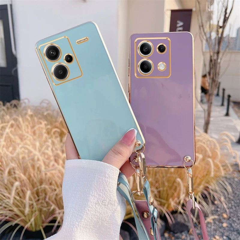 Redmi13 Note13 13pro Crossbody Lanyard Plating Case On For Xiaomi Redmi Note 13 12 Pro Plus 4g 5G Cord Soft Silicone Back Cover