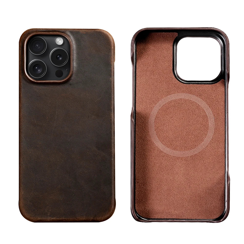 LANGSIDI for Magsafe Case for iPhone 15 16 Pro Max Retro Luxury Full Grain Cowhide Genuine Oiled PULL-UP Leather Magnetic Cover