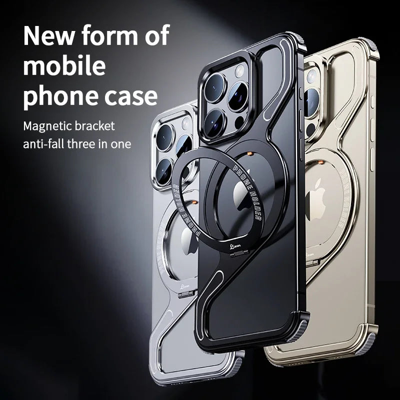 Z-shaped Frameless Magnetic Metal Snap on Phone Case, For iPhone 13 14 15 16 Pro Max Phone Protection Cover With Rotating Ring