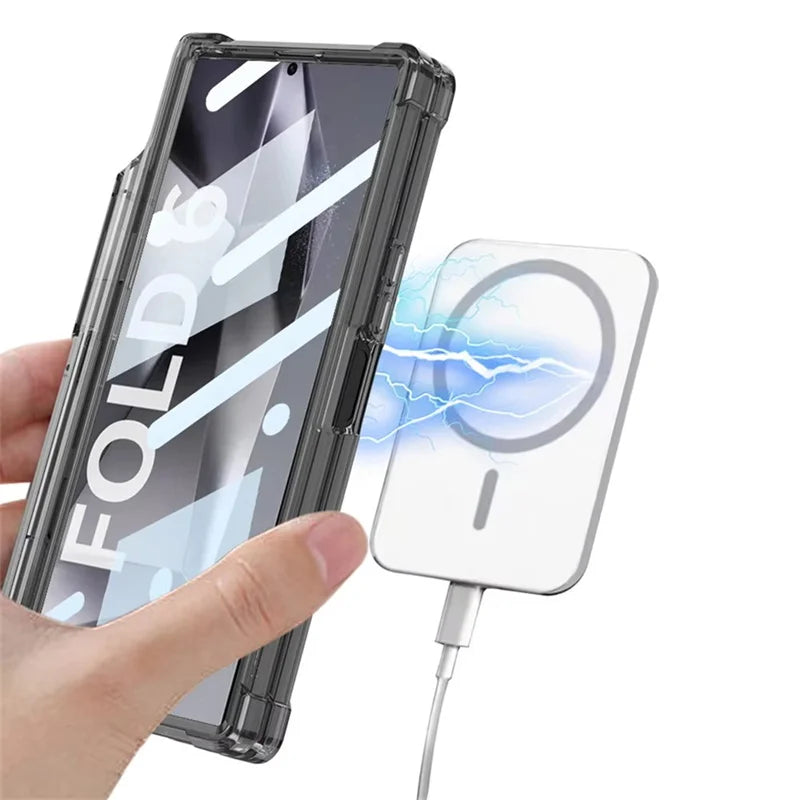 For Samsung Galaxy Z Fold 7 6 5 For Magsafe With Hinge S Pen Holder Transparent Phone Case Screen Protect Film Shockproof Cover