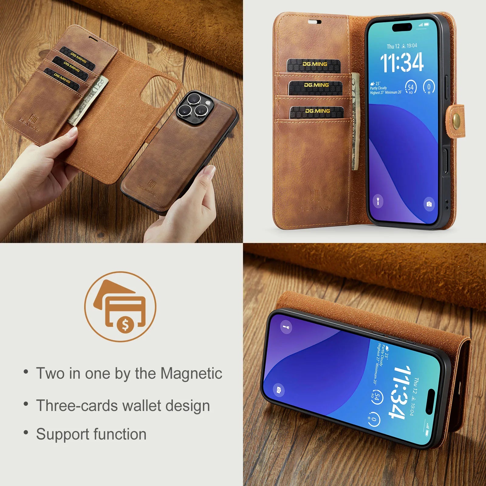 For iPhone 17 16e 15 14 Plus 13 12 11 Pro Max XS XR X SE 2022 8 7 Magnetic Wallet Card Back Cover 2 in 1 Flip Leather Phone Case