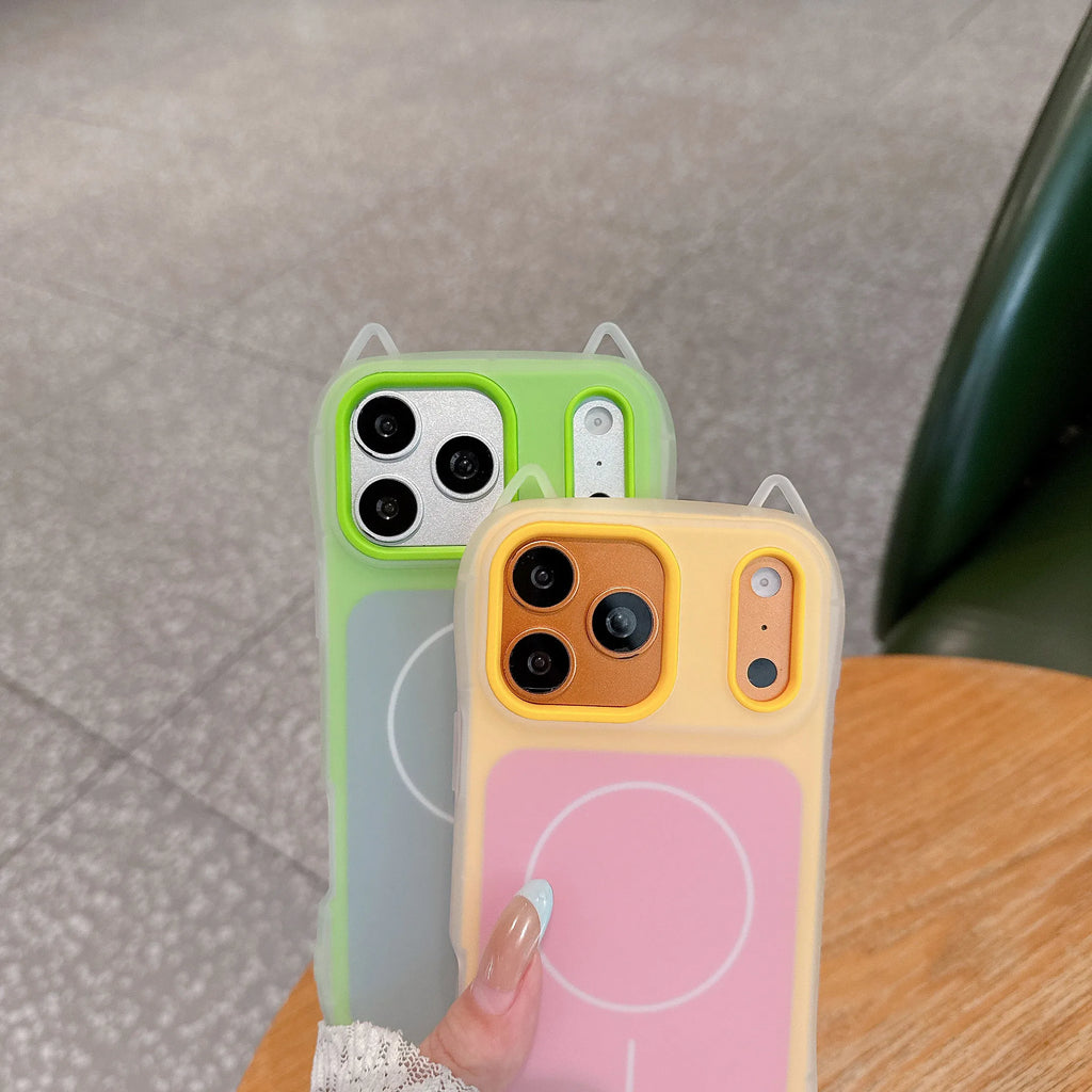Fashion Cute Cat Candy Color 2 IN 1 Magnetic Case for IPhone 17 16 15 14 13 12 Pro Max for Magsafe Wireless Charging Matte Cover